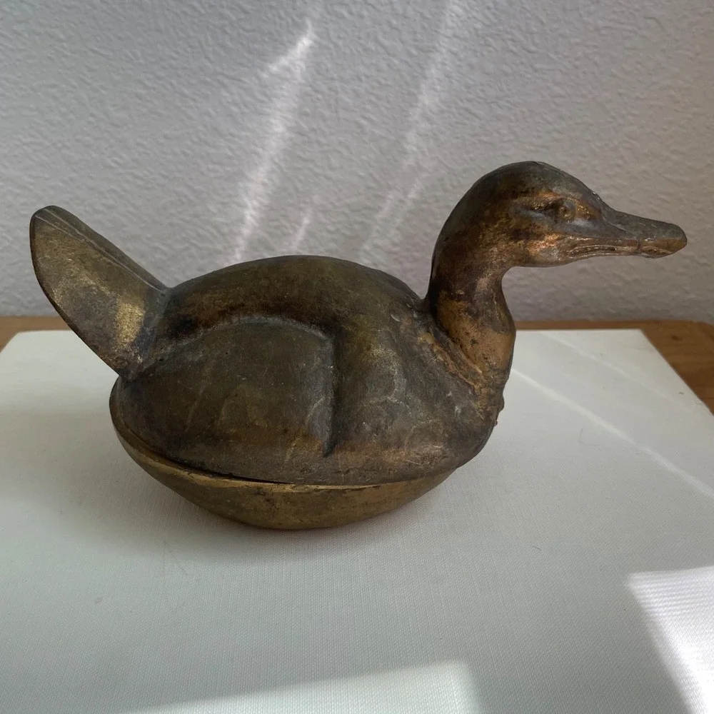 Vintage Brass Duck Trinket Box Metal Bird Figurine Container Japan Mid Century